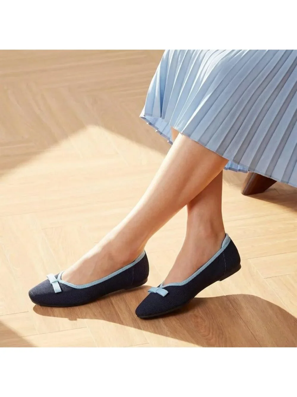 Frank Mully Women's Navy Blue Rubber Knit Squared Toe Bow Slip On Ballet Flats